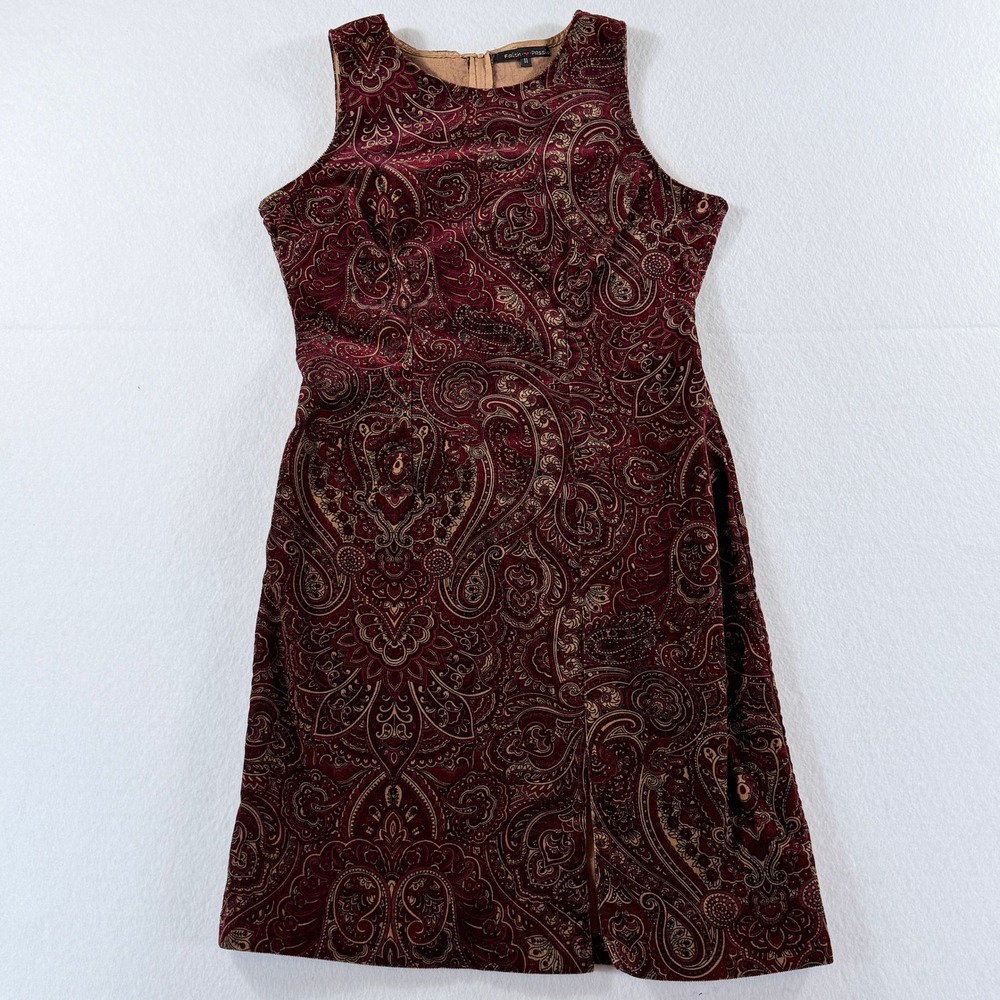 Faith Passion Corduroy Dress Womens 11 Burgundy Paisley Boho Retro Hippie 90s